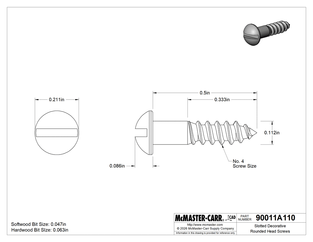Technical Drawing of Slotted Decorative Rounded Head Screws, for Wood, Zinc-Plated Steel, Number 4 Size, 1/2" Long.